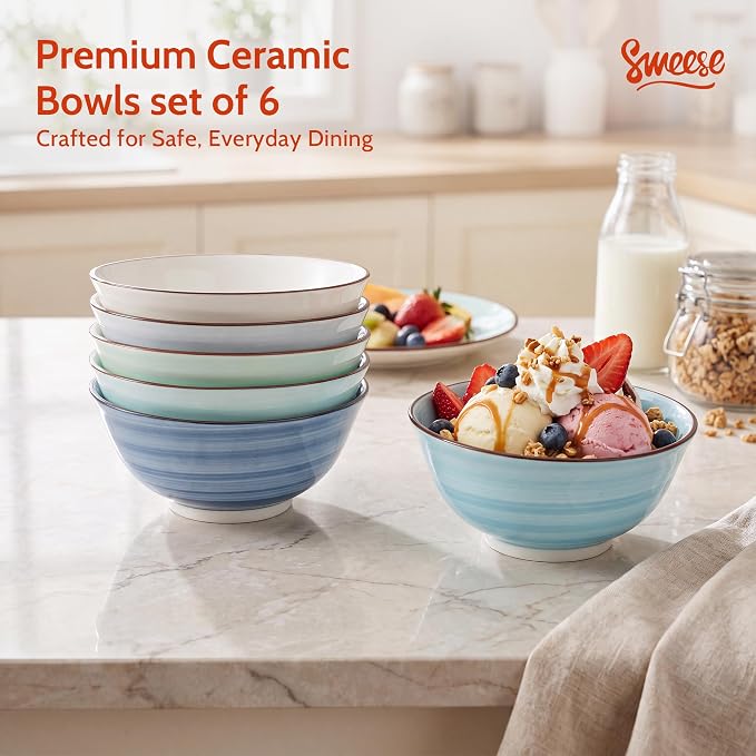 Sweese 10 oz Ceramic Bowls Set of 6, Blue Cereal Bowls for Yogurt, Fruit, Dessert, Oatmeal and Snacks, Stackable Small Serving Bowls for Breakfast and Everyday Use