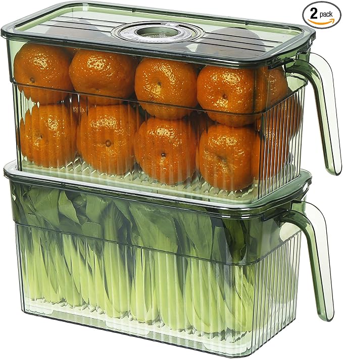 2Pack Stackable Food Storage Produce Saver Containers for Refrigerator, Berry Keeper Boxes for Fridge with Removable Drain Tray Keep Fresh for Vegetables/Fruit/Meat/Salad- 10.23'' x5.4'' x5.2''