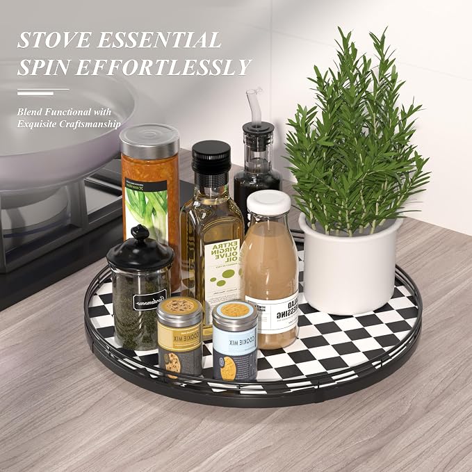 AMH 16-Inch Black and White Checkerboard Lazy Susan Decorative Tray | Smooth rotating oak tray with walnut finish for dining tables, kitchen counters, pantries and cabinet storage.