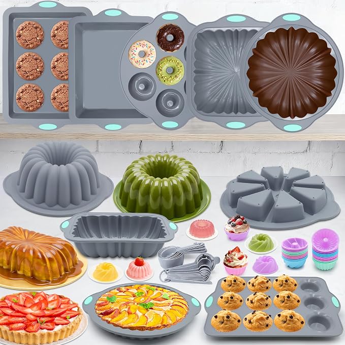 51 Piece Silicone Baking Pan Set, Non-Stick Bakeware Set with Baking Pans, Reusable Donut Mold, Food-Grade Silicone Molds for Cakes, Cookies, Muffins, Bread, Light Grey