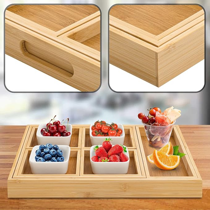 RRX Wood Serving Trays with Handles, Set of 7 Rectangular Tray, Beige | Nesting Bamboo Tray for Breakfast in Bed, Kitchen, Entertaining, Couch, Party, Platters, Coffee Table, Countertop Home Decor