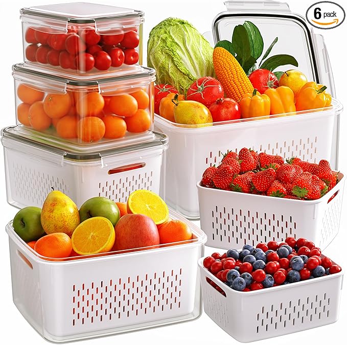 6 PCS Fruit Storage Containers for Fridge with Removable Colanders, 6 Plastic Food Storage Containers with 6 Lids, Leakproof Produce Containers Keep Fruits, Vegetables, Berry, Meat Fresh Longer