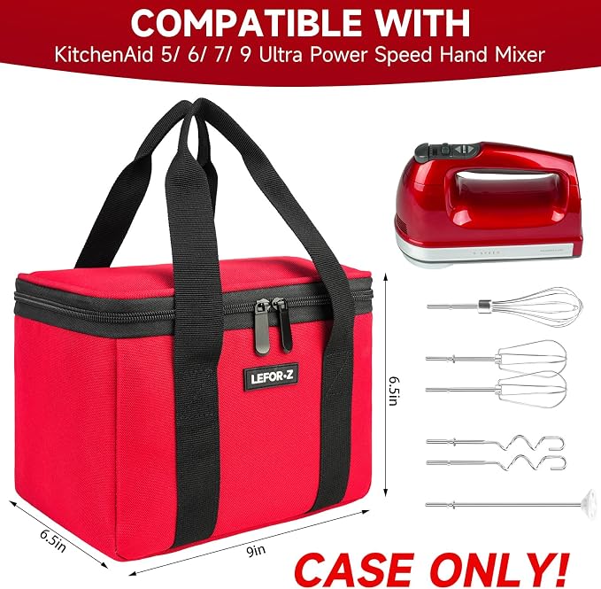Carrying Bag Case Fits for KitchenAid 5/6/7/9 Ultra Power Speed Hand Mixers | Hand Mixer Travel Bag,Portable Storage Organized Case Fits for Kitchen Aid Mixer Accessories,Red(Bag Only)