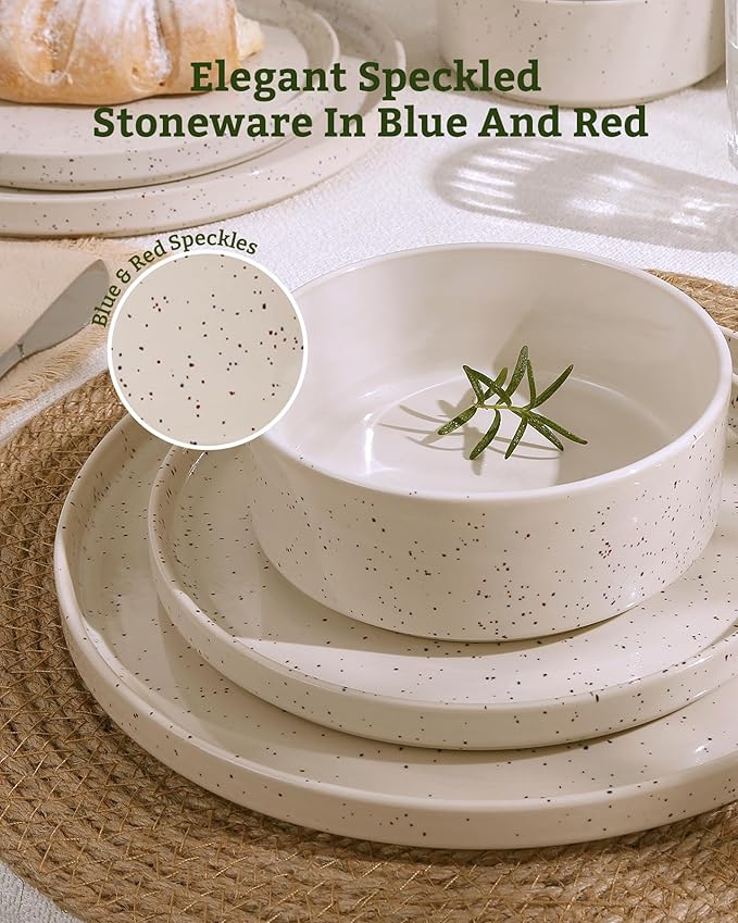 Famiware Nebula 12-Piece Stoneware Dinnerware Set, Creamy White | Plates and Bowls with Reactive Glaze and Colorful Speckles, Chip & Scratch Resistant, Microwave & Dishwasher Safe