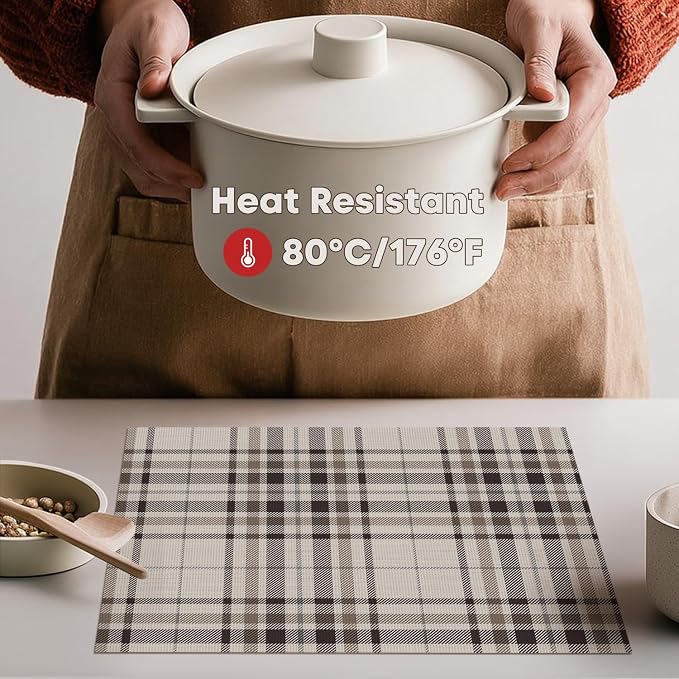 Artoid Mode Stripe Plaid Vinyl Placemats Set of 4, 12x18 Inch Thanksgiving Washable Non-Slip Heat Resistant Plastic Place Mats for Party Dining Table, Brown