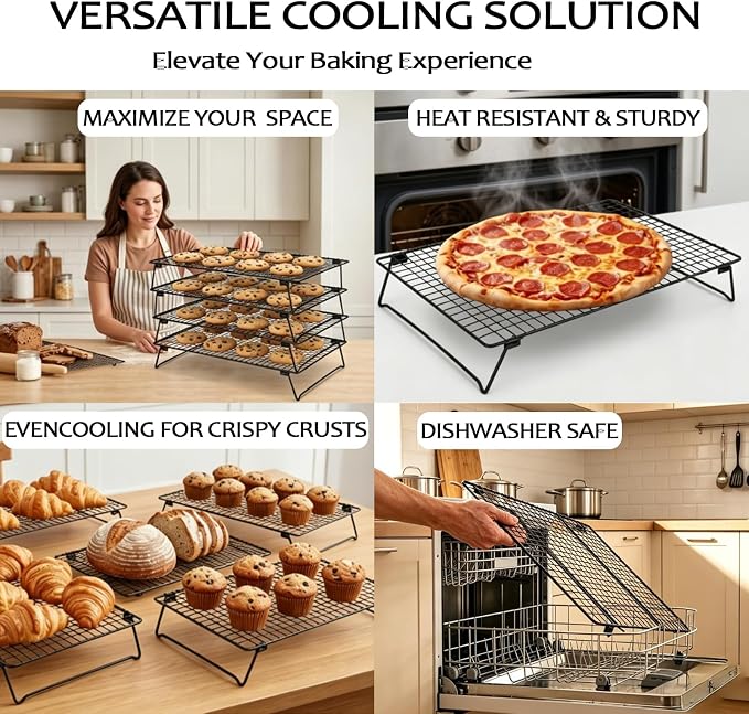 Cooling Rack for Baking 4 Tier, 17" * 11" Cookie Cooling Wire Rack for Roasting Grilling, Stackable Baking Racks for Cooking, Bread, Pizza, Cake, Oven and Dishwasher Safe