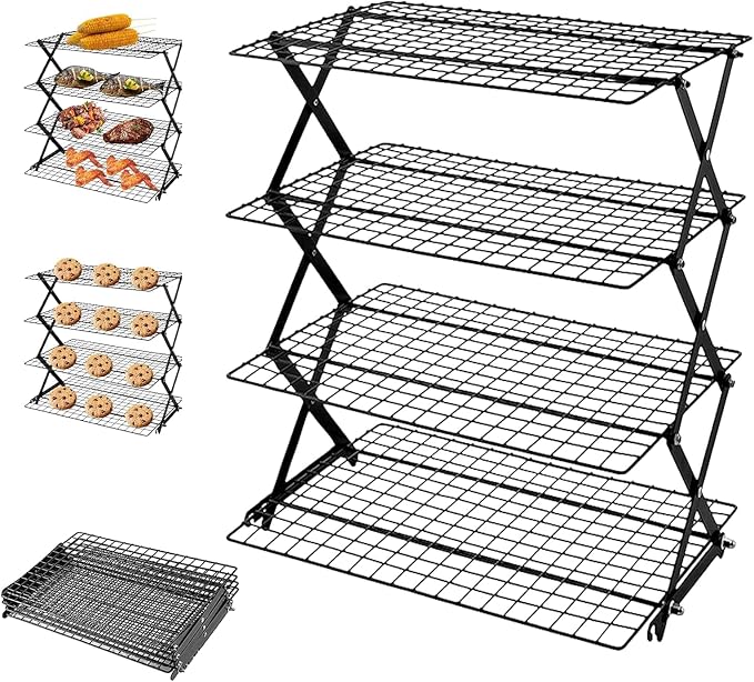 4-Tier Upgraded Collapsible Cooling Rack with Adjustable Setting Design,Cooking Drying Wire Cooling Rack for Baking, Cookies, Cake, Roasting, Grilling