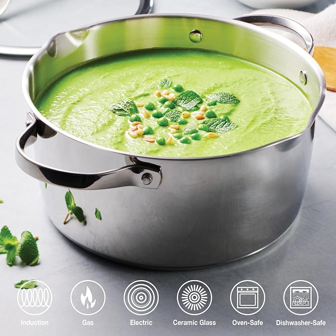 Tramontina Tempo Tri-Ply Base Stainless Steel 5-Qt Dutch Oven Pot with Lid | Induction-Ready, Oven-Safe, Dishwasher-Safe