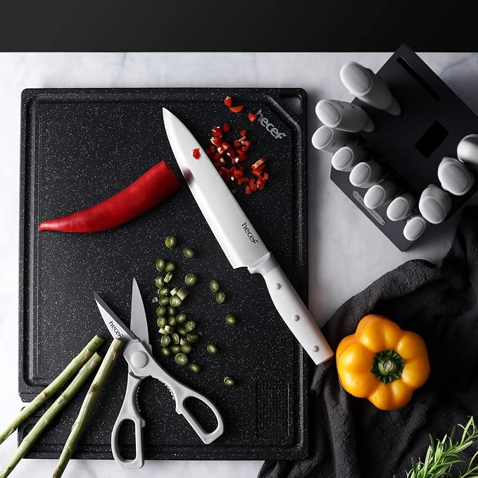 hecef Grey Kitchen Knife Block Set, 14 Pieces | Wooden Block, Sharpener Steel, All-purpose Scissors, High Carbon Stainless Steel