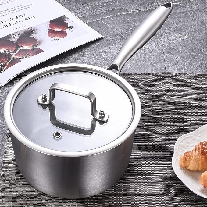 LOLYKITCH Tri-Ply 3 QT Stainless Steel Saucepan with Lid | Dia.20CM | Induction Cooking Sauce Pot | Oven & Dishwasher Safe | Detachable Handle