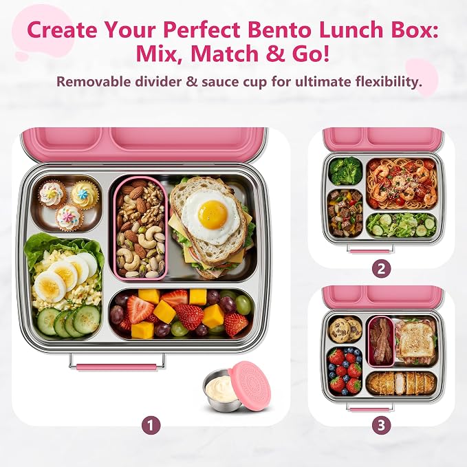 Stainless Steel Bento Lunch Box for Kids & Adults, 4 Compartment Kids Lunch Box, Metal Bento Box with Silicone Container and Stainless Steel Sauce Container,BPA-Free,School,Office(Pink)