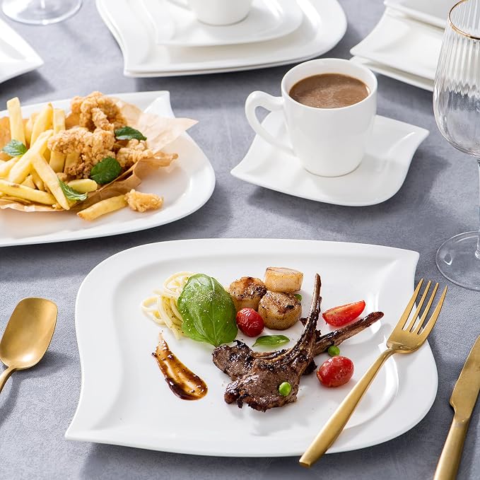 MALACASA 30 Piece Porcelain Dinnerware Set, Ivory White for 6 | Complete with Plates, Bowls, Cups, Saucers, Microwave Oven and Dishwasher Safe Porcelain, Modern Square Design, Service for 6