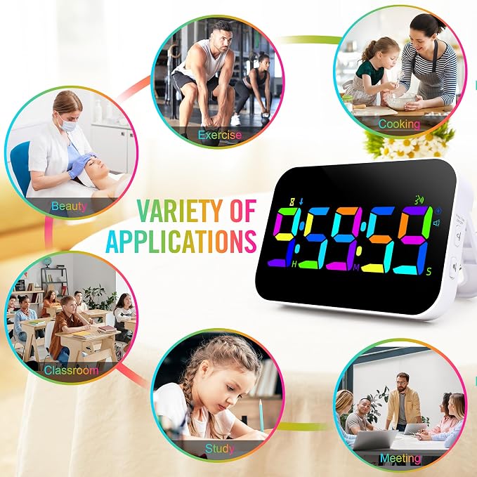 Kitchen Timer for Cooking, Rechargeable Digital Magnetic Timer with Large LED Display, Loud Alarm, Sound Countdown, 4 Volume Levels and 3 Brightness for Classroom, Study (RGB)
