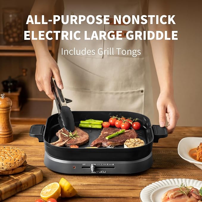 Nonstick 2-in-1 Electric Griddle & Flat Grill, High Power 1200W | PFOA-Free Surface, Tongs Included, Easy to Clean
