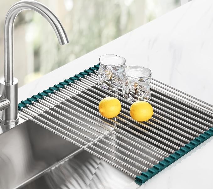 Tomorotec Roll Up Dish Drying Rack Over Sink, 304 Steel,21x15.5,Dark Green | Anti-Slip Silicone Rims For Grip, Heat-Resistant Trivet Mat Holding Heavy Cookware, Rustproof Kitchen Counter Space Saver