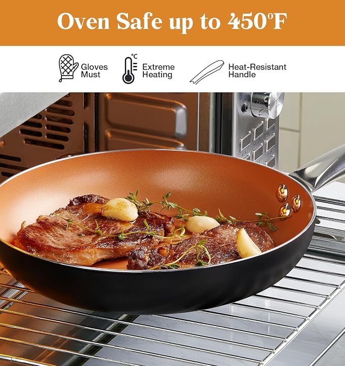 KOCH SYSTEME CS 10in Copper Nonstick Frying Pans with Lids and Titanium Ceramic Interior,100% PFOA-Free Saute Pan/Skillet for All Stove Tops,Stainless Handle,Omelet Pan Cookware