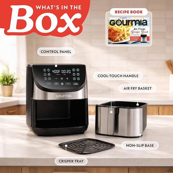 Gourmia Air Fryer - 8 Qt Extra Large Capacity, FryForce360º, Digital Display with 12 Presets, Roast, Bake, Broil, Dehydrate, Dishwasher Safe Accessories, Stainless Steel