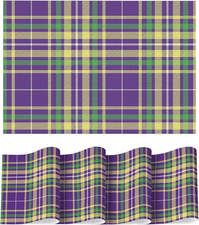 Artoid Mode Purple Striped Check Mardi Gras Vinyl Placemats Set of 4,Heat Resistant Non-Slip Woven Plastic PVC Place Mat for Party Kitchen Dining Decor