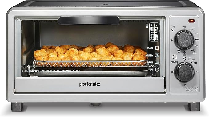 Proctor Silex 4 Slice Countertop Air Fryer Toaster Oven Combo | Air Fry, Bake, Broil, Toast | 200-450⁰F Adjustable Temp | 30 Minute Timer | Automatic Shutoff | Black and Silver | 31265