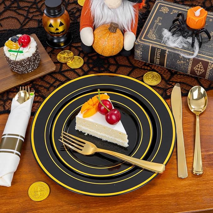 350 Pieces Black and Gold Plastic Plates with Disposable Silverware, Include 50 Dinner Plates 9”, 50 Dessert Plates 6.3”, 50 Black Cups 9 OZ, 50 Pre Rolled Napkins for Wedding/Party/Birthday/Halloween