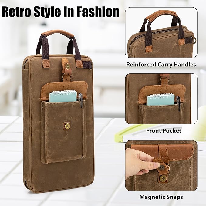 Damero Chef Knife Bag, Waxed Canvas Chef Bag with 11 Slots & 2 Mesh Pockets | Chef Storage Bag Knife Carrier Travel Knife Bag with Top Handles, Detachable Shoulder Strap for Kitchen Tools & Chef Utensils