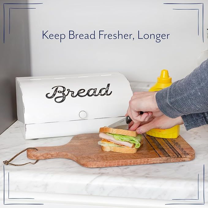 AuldHome Design Rustic White Bread Box; Farmhouse Vintage Enamelware Countertop Bread Bin