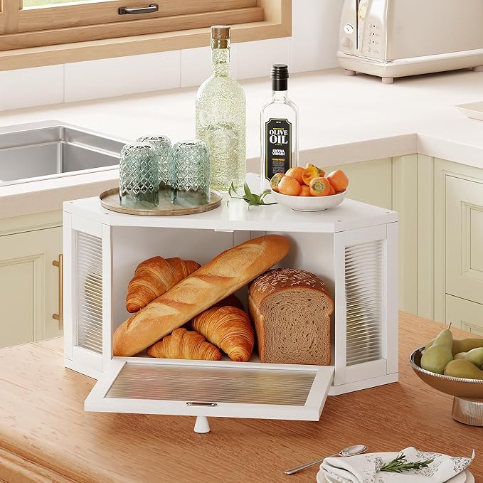 WOWLIVE Corner Bread Box, Bamboo Bread Storage with Acrylic Wavy Door | Breadbox for Kitchen Countertop, Large Farmhouse Bread Holder for Homemade Bread, Multi-functional Container, White