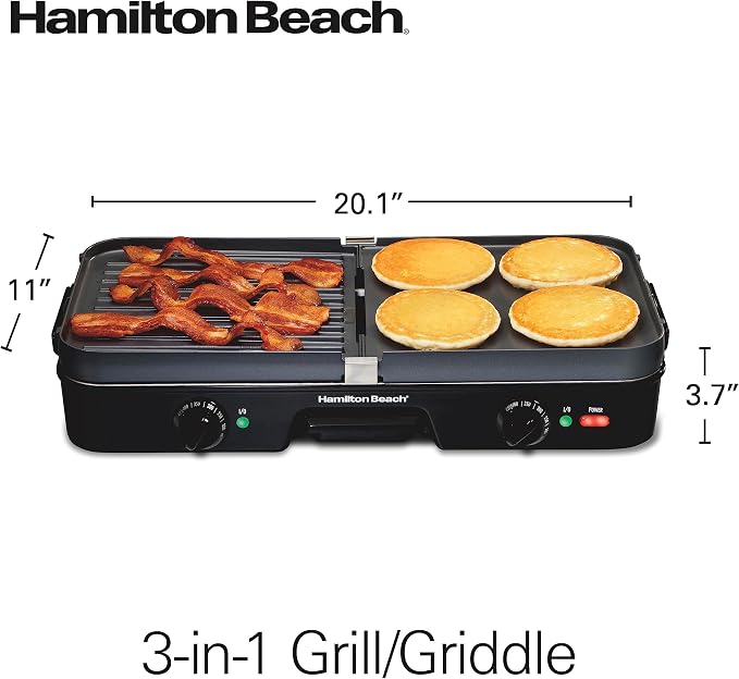 Hamilton Beach 3-in-1 Electric Indoor Grill + Electric Griddle | 180 sq. in. Reversible PFAS-Free Non-Stick Plates | 2 Individual Cooking Zones With Adjustable 425°F Temp Control | Black