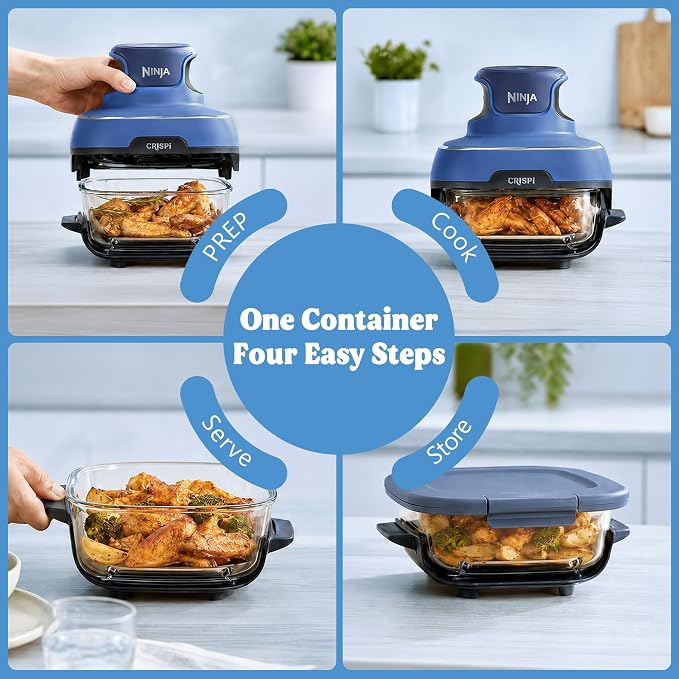 Ninja CRISPi 5-in-1 Portable Glass Air Fryer FN103CO Renewed Deco Bundle | Includes 6-cup, 2.5-qt and 4-qt glass containers, Deco knife set, cutting board, sharpener and unofficial recipe guide