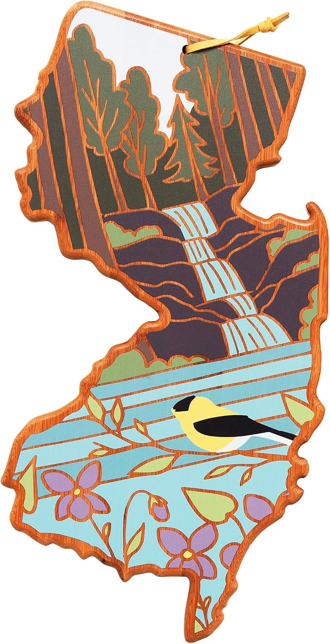 Totally Bamboo New Jersey State Shaped Cutting Board, Summer Stokes Art | State charcuterie board with colorful hand-drawn landscape art. Smooth reverse side for food prep. Hang tie for wall display.