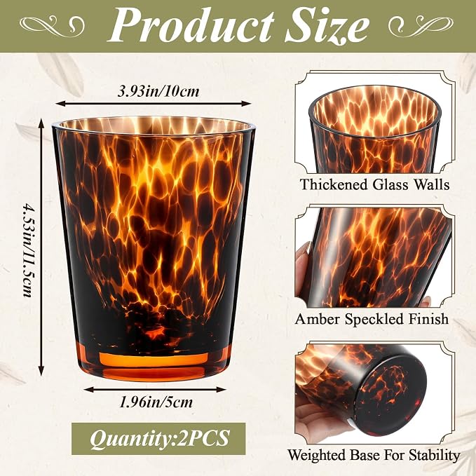 SiliFine 2 Pcs Tortoise Shell Drinking Glasses, 13oz Leopard Print Vintage Stemless Wine Glasses, Cheetah Print Aesthetic Cups, Hand Blown Brown Glassware, Room Decor, Gifts for Party