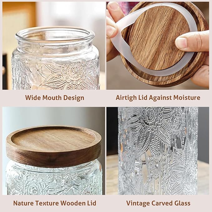 Vintage Glass Jar with Lid Airtight Candy Coffee Canister Food Storage Set | 34oz Decorative Container Set with Silicone-Sealed Bamboo Lid, Thick Glass BPA-Free, for Kitchen Stores Sugar Flour-2 Pack