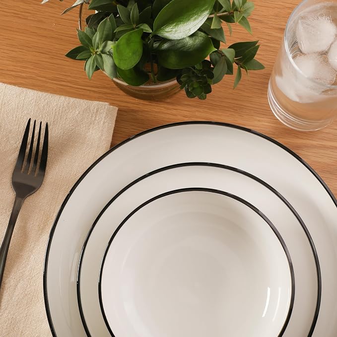 Gibson Home Havenstone 12-Piece Dinnerware Set – Dinner Plates, Salad Plates & Bowls, Classic White With Black Rim Everyday Dish Set for Home, Kitchen, Microwave & Dishwasher Safe