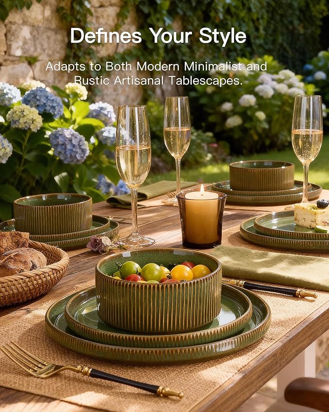 Dinnerware Set for 6, Ceramic Ribbed Plates, Bowls, Dishes | 18-Piece Stoneware Dinner Sets, Handmade Reactive Glaze, Microwave & Dishwasher Safe, Chip & Scratch Resistant, Moss Green