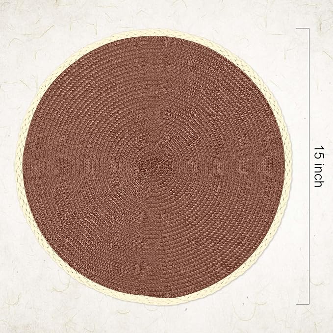 Round Placemats Set of 6, Woven Table Mats, Thin Edge, Chestnut Brown | Braided Paper Edge, 15 Inch Diameter, Fits Dinner Plate and Flatware, Wipeable, Heat Resistant, Indoor Dining, Outdoor Patio