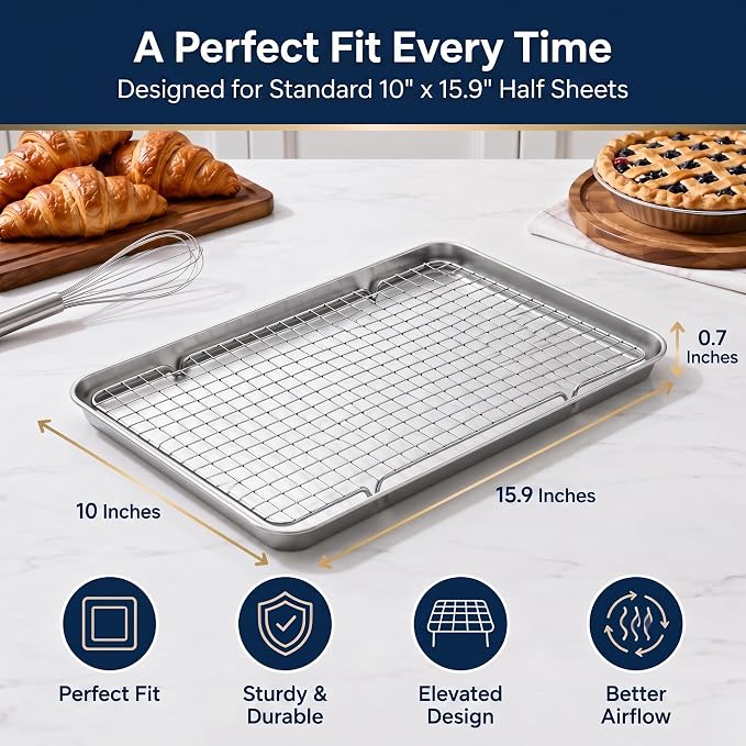 Cooling Rack Set of 2, 10" x 16" No Warp Heavy Duty Stainless Steel Baking Rack - Fits Jelly Roll Cookie Sheet Pan, Oven Safe 575°F, for Baking, Roasting & Dehydrating, Dishwasher Safe