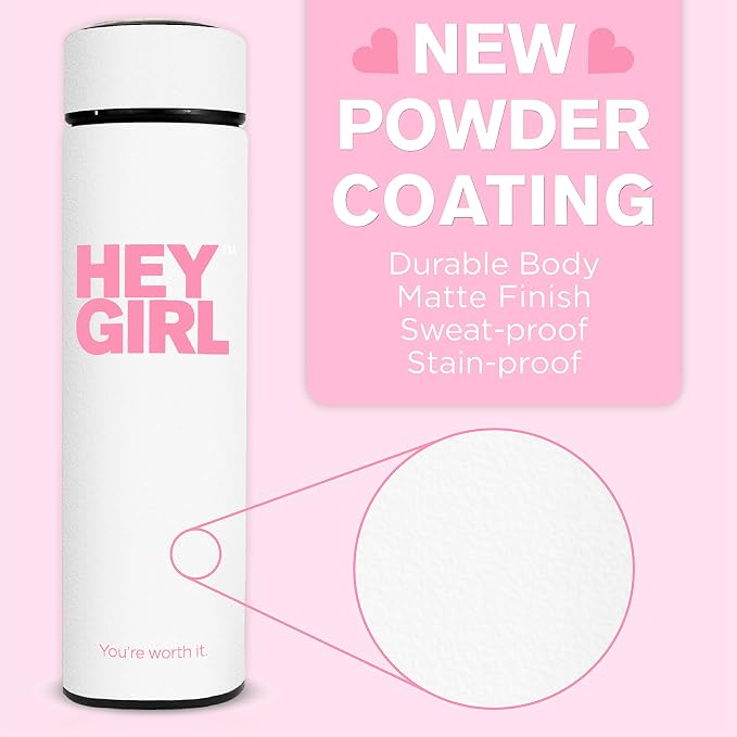 Hey Girl Tea Infuser Bottle 450ml - Insulated Stainless Steel Water Bottle - Tea Tumbler with Tea Diffuser - Portable Travel Mug for Loose Leaf Tea & Infused Water - Tea Lovers Gifts for Women