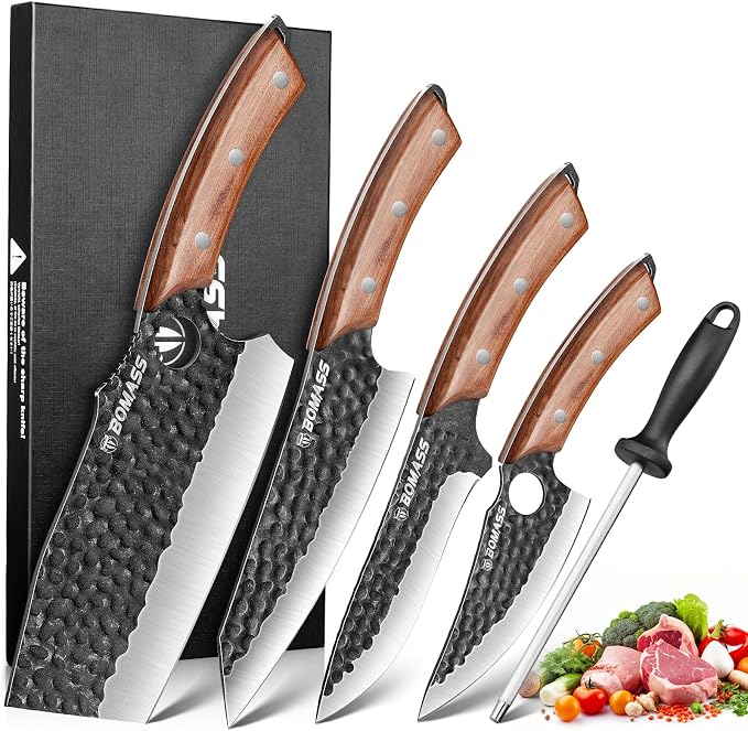 5PCS Butcher Knife Set, Hand Forged Kitchen Chef Knife Set Gift | Meat Cleaver Knife Viking Boning Knife for Home, Outdoor Camping, BBQ, High Carbon Steel Japanese Knives, Gift for Men Father