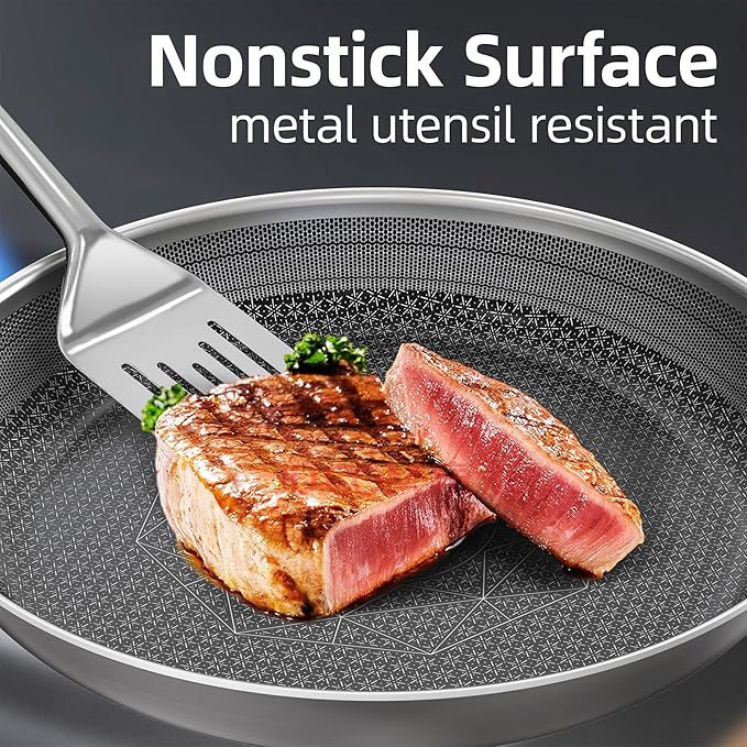 COOKER KING 3pc Hybrid Nonstick Frying Pans Set, 8, 10 & 12" Pans | Stainless Steel Pans,Chef's Pan,Skillets Dishwasher & Oven Safe, Stay-Cool Handles,Induction Compatible – Metal Utensil Safe