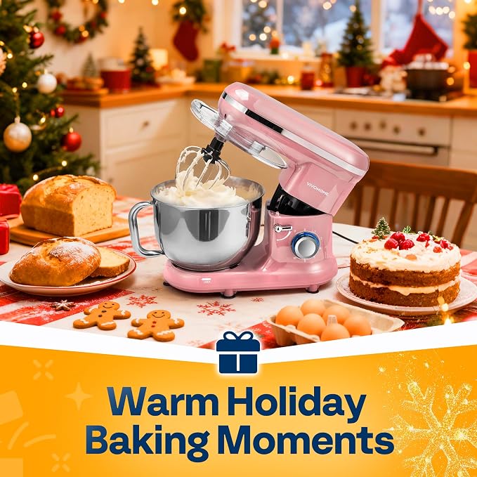 VIVOHOME Stand Mixer, 6-Quart Tilt-Head Kitchen Mixer with Bowl, Pink | 10 Speeds, Dough Hook, Beater, Whisk, Splash Guard, Egg Separator, for Cake & Bread