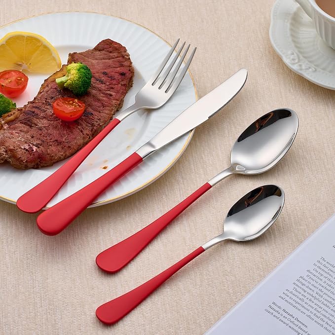 20-Piece Red Silverware Set 18/0 Stainless Steel Silverware Set Red Handle Cutlery Set Service for 4 Dinner Knives Forks Spoons Set Flatware Set Finish Dishwasher Safe