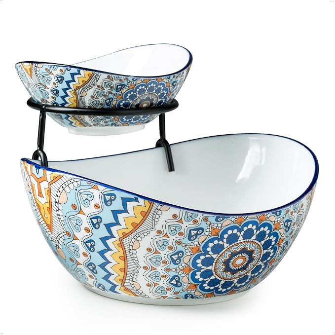 YHOSSEUN Chip and Dip Serving Set, 2 Tierd Serving Bowl Set | Ceramic Chip Dip Bowls Platters with Stand, Serving Dishes for Entertaining Appetizer Serving Food Display Stand for Parties