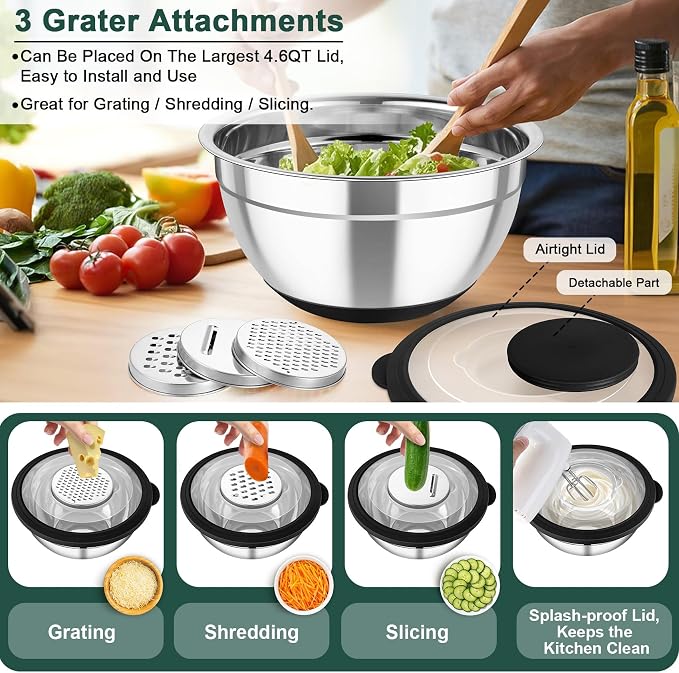 TeamFar Mixing Bowls with Colander, Stainless Steel Salad Bowls, Black | 4.6/ 3/ 1.5 QT Nesting Bowls Rotatable Fruit Strainer, with Lids & 3 Graters, Non-Slip Bottom & Visible Lid, Dishwasher Safe