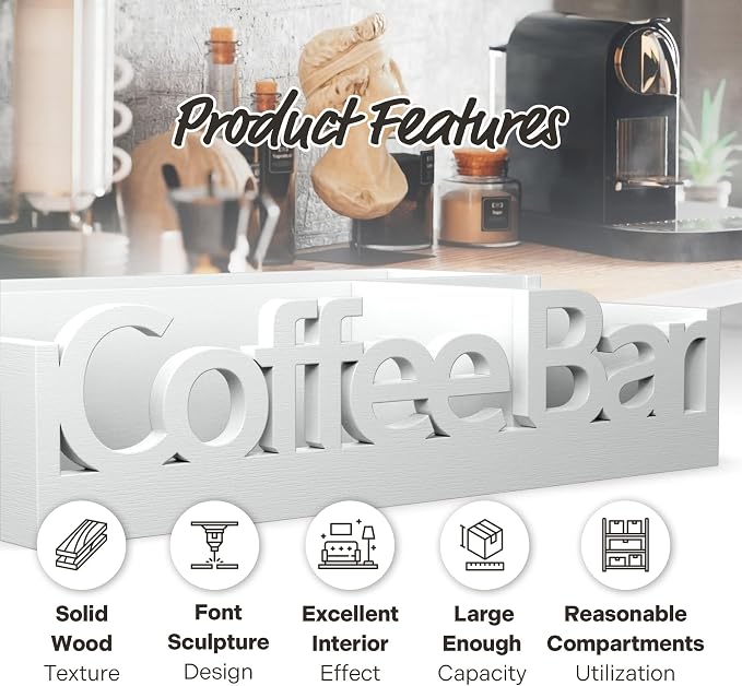 Coffee Bar Organizer Countertop, White Wood Coffee Station Caddy Tray,White | Coffee Pods, Tea Bags, Creamers & Condiments
