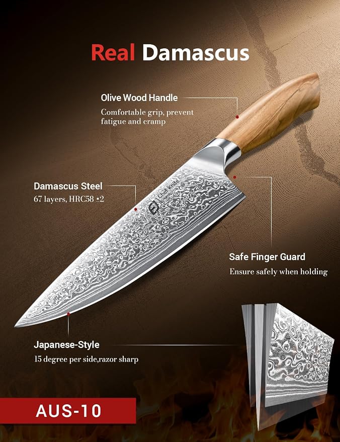 Damascus Chef Knife in Japanese Steel, 67-Layers Damascus Kitchen Knife with Wooden Gift Box and Original Olive Wood Handle, Cooking Knives for Home Kitchen Gift Idea