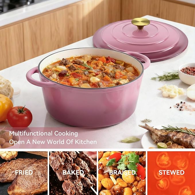 Miereirl 4.5 Quart Enameled Dutch Oven Pot with Lid, Cast Iron Dutch Oven with Dual Handles for Bread Baking, Cooking, Non-stick Enamel Coated Cookware, Rose