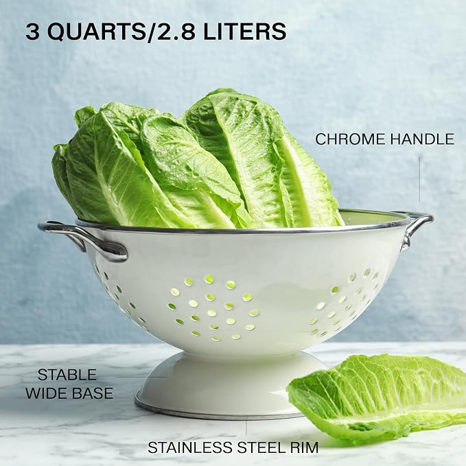 Reston Lloyd, 3 Quart Powder Coated Steel Kitchen Strainer Basket for draining Pasta, Vegetable and Fruit, Chrome Handles and Wide Stable Base, Indigo