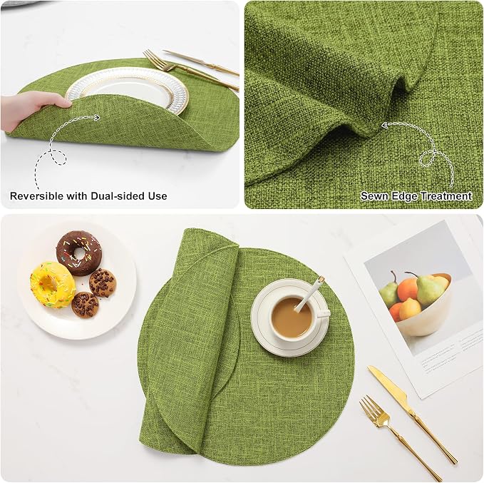 Cotton Linen 15 Inch Round Cloth Place mats, Set of 6, Grass Green | Washable Table Mats, Heat Resistant, Reversible, Wipeable Place Mats for Indoor Outdoor