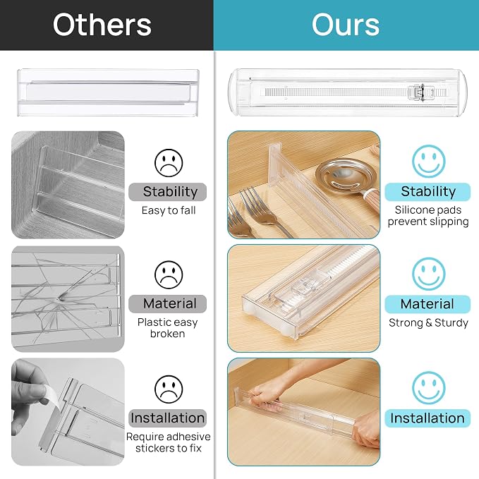 Vtopmart 4 Pack Shallow Drawer Dividers, 2.36" High 12.5"-20.8" Adjustable Expandable Kitchen Drawer Organizer, Clear Plastic Organizer Separators for Flatware, Utensil, Cutlery, Underwear, Clothes | Expandable Kitchen Drawer Organizer, Clear Plastic O...