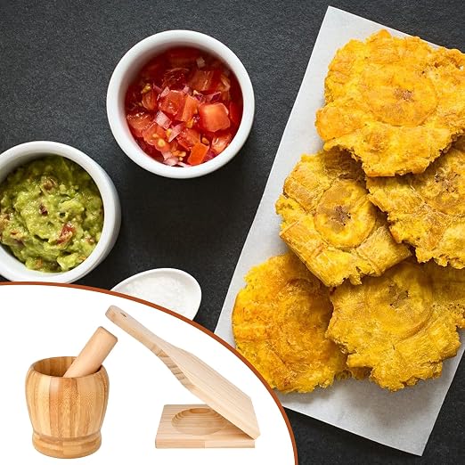 Supkiir 2 Kitchen Tools Including Mortar and Pestle Set and Wood Tostonera Plantain Press, Natural Plantain Smasher for Fried Banana Pepper Spices Garlic Press Grinder Chopper Crusher